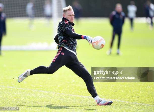 Aaron Ramsdale of Arsenal during a training session at London Colney on March 14, 2023 in St Albans, England.