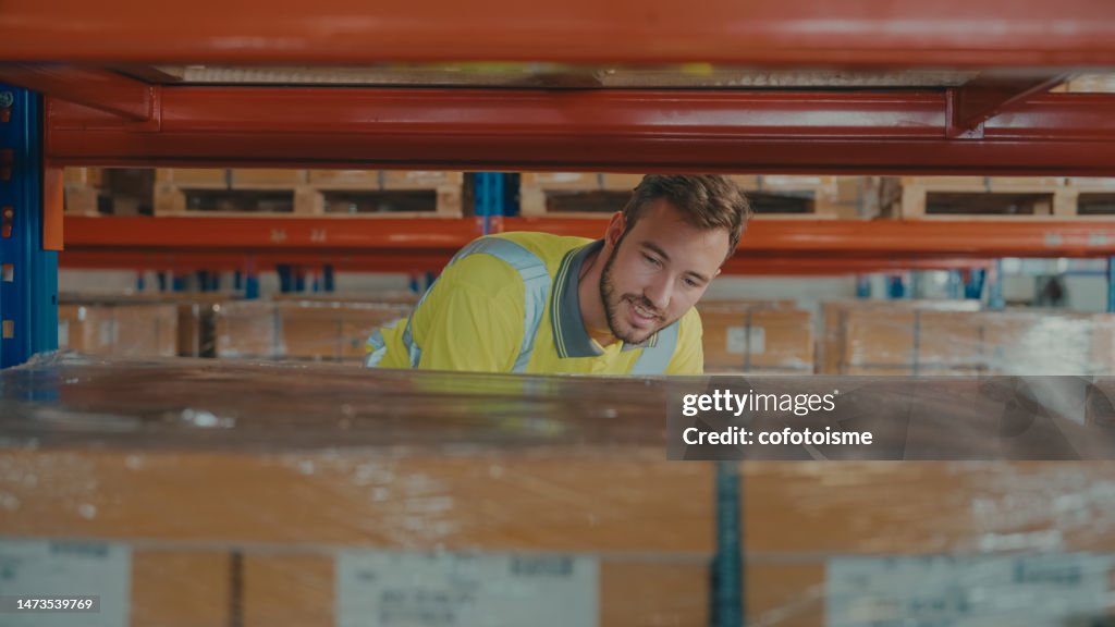 A Man Warehouse worker Working at Distribution Warehouse