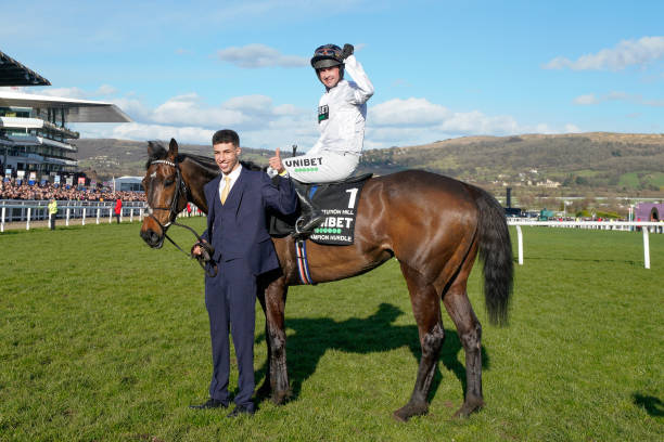 Nico de Boinville riding Constitution Hill celebrate winning The Unibet Champion Hurdle Challenge Trophy during day one of the Cheltenham Festival...