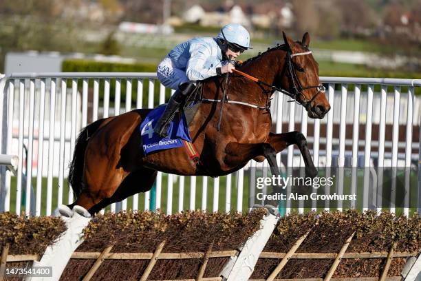 Rachael Blackmore riding Honeysuckle on their way to winning The Close Brothers Mares' Hurdle during day one of the Cheltenham Festival 2023 at...