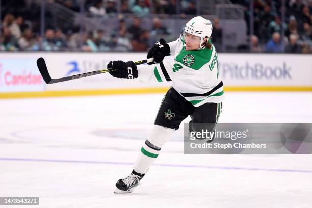 Miro Heiskanen of the Dallas Stars shoots against the Seattle Kraken during the first period at Climate Pledge Arena on March 13, 2023 in Seattle,...
