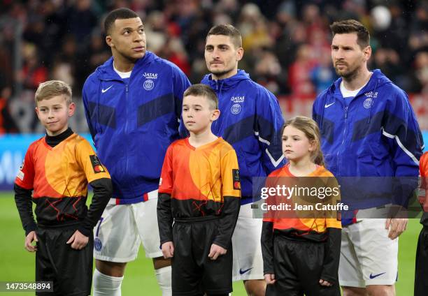 Kylian Mbappe, Marco Verratti, Lionel Messi of PSG during the UEFA Champions League round of 16 leg two match between FC Bayern Munich and Paris...