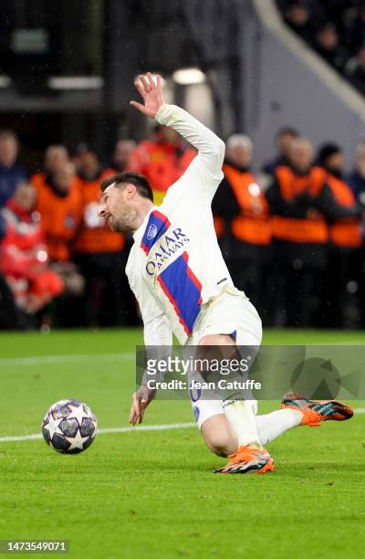 Lionel Messi of PSG during the UEFA Champions League round of 16 leg two match between FC Bayern Munich and Paris Saint-Germain at Allianz Arena on...