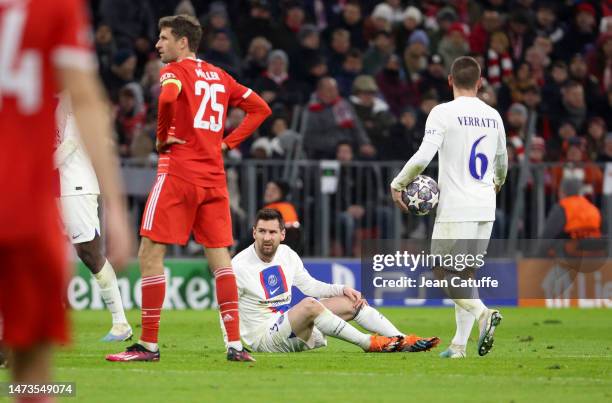 Lionel Messi of PSG during the UEFA Champions League round of 16 leg two match between FC Bayern Munich and Paris Saint-Germain at Allianz Arena on...