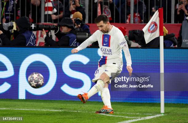 Lionel Messi of PSG during the UEFA Champions League round of 16 leg two match between FC Bayern Munich and Paris Saint-Germain at Allianz Arena on...