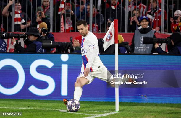 Lionel Messi of PSG during the UEFA Champions League round of 16 leg two match between FC Bayern Munich and Paris Saint-Germain at Allianz Arena on...