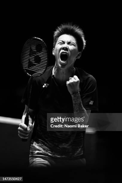 Lee Cheukyiu of Hong Kong celebrates during Day One of the Yonex All England Open Badminton Championships 2023 at Utilita Arena Birmingham on March...