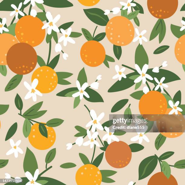 seamless pattern of oranges in flat colrs - citrus blossom stock illustrations