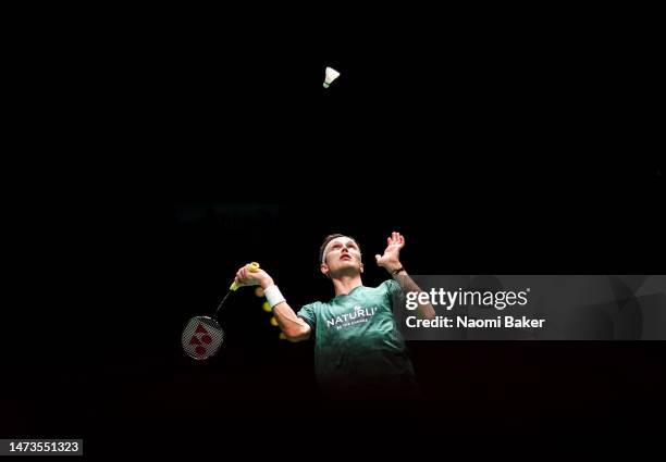 Viktor Axelsen of Denmark in action during his Men's first round singles match during Day One of the Yonex All England Open Badminton Championships...