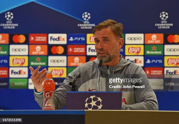 Jurgen Klopp manager of Liverpool at the press conference ahead of their UEFA Champions League round of 16 match against Real Madrid at Estadio...