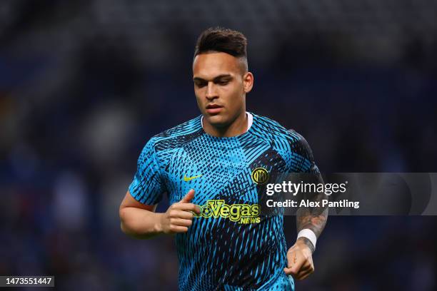 Lautaro Martinez of FC Internazionale looks on as they warm up prior to the UEFA Champions League round of 16 leg two match between FC Porto and FC...