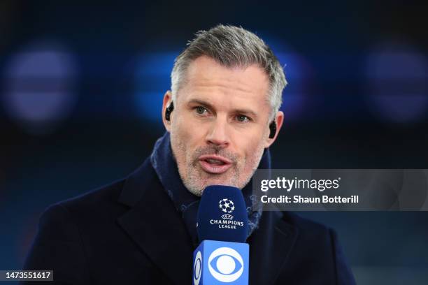 Jamie Carragher is seen presenting for CBS prior to the UEFA Champions League round of 16 leg two match between Manchester City and RB Leipzig at...