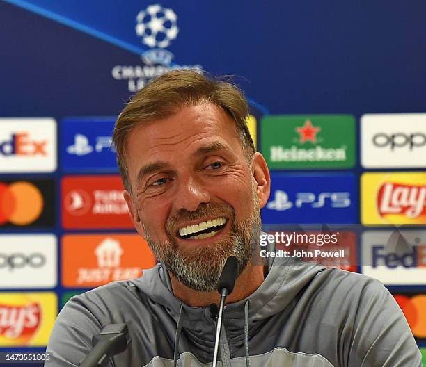 Jurgen Klopp manager of Liverpool at the press conference ahead of their UEFA Champions League round of 16 match against Real Madrid at Estadio...