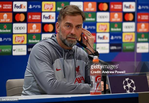 Jurgen Klopp manager of Liverpool during a press conference ahead of their UEFA Champions League round of 16 match against Real Madrid at Estadio...