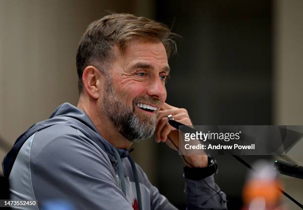 Jurgen Klopp manager of Liverpool during a press conference ahead of their UEFA Champions League round of 16 match against Real Madrid at Estadio...