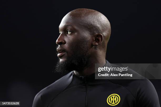 Romelu Lukaku of FC Internazionale looks on as they warm up prior to the UEFA Champions League round of 16 leg two match between FC Porto and FC...