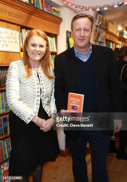 Sarah Ferguson, Duchess of York and David Cameron attend the launch of new book "Have You Got Anything Stronger?" by Imogen Edwards-Jones at Daunt...