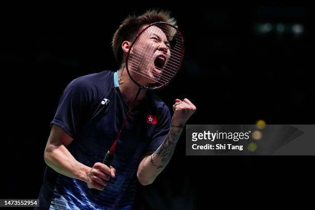 Lee Cheuk Yiu of Hong Kong reacts in the Men's Single first round match against Viktor Axelsen of Denmark on day one of the Yonex All England...