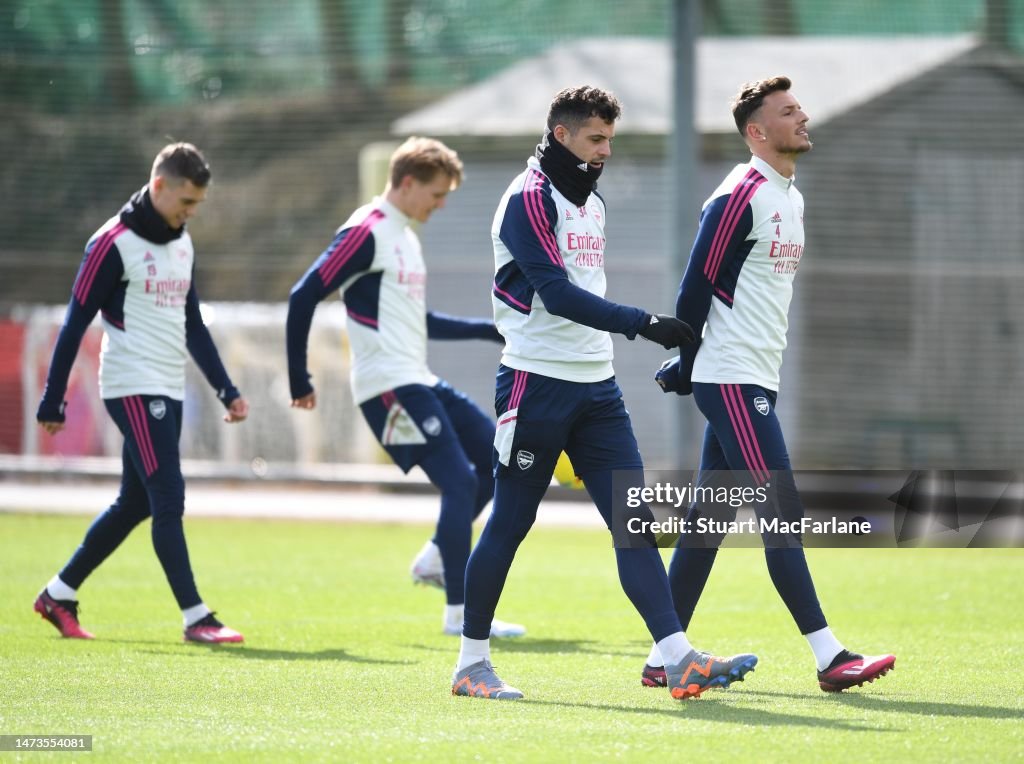 Arsenal Training Granit Xhaka and Ben White of Arsenal during a training session at ...