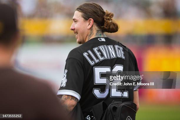 Mike Clevinger of the Chicago White Sox walks across the field during the Spring Training Game against the San Diego Padres at Peoria Stadium on...