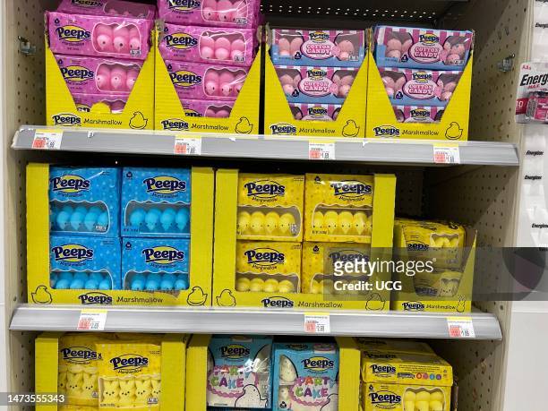 Easter Holiday Peeps display, Walgreens Pharmacy with new Party Cake and Cotton Candy flavors, Queens, New York.