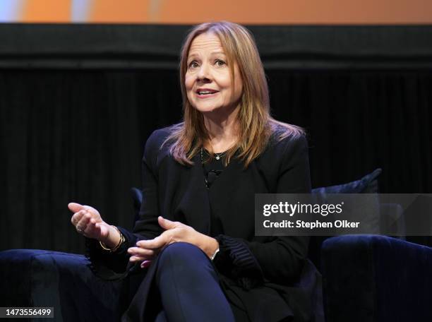 Mary Barra speaks onstage at "Featured Session: Self-Driving Cars: From Science Fiction to Scale" during the 2023 SXSW Conference and Festivals at...