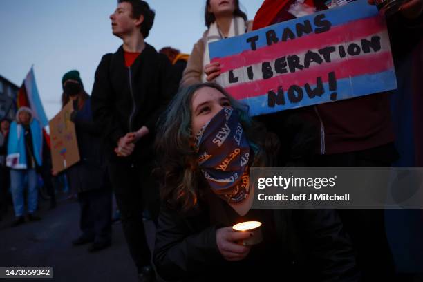 Trans rights activists protest at a Gender Identity Talk held at Portobello Library on March 14, 2023 in Edinburgh, Scotland. Concerned Adults...