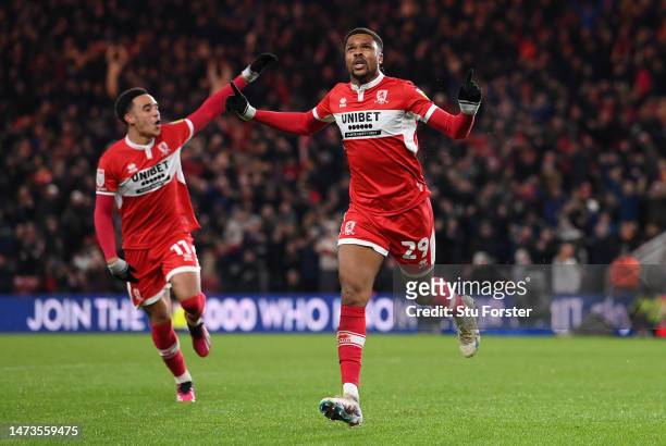 Chuba Akpom of Middlesbrough celebrates after scoring the team's first goal during the Sky Bet Championship between Middlesbrough and Stoke City at...
