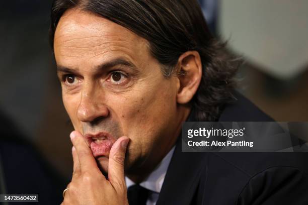 Simone Inzaghi, Head Coach of FC Internazionale, looks on from the bench prior to the UEFA Champions League round of 16 leg two match between FC...