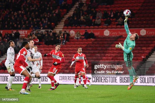 Jack Bonham of Stoke City saves a shot from Aaron Ramsey of Middlesbrough during the Sky Bet Championship between Middlesbrough and Stoke City at...