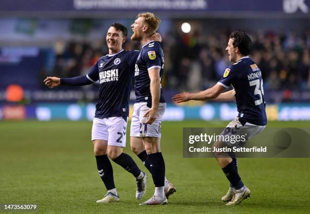 Andreas Voglsammer of Millwall celebrates after scoring the team's second goal with teammates during the Sky Bet Championship between Millwall and...