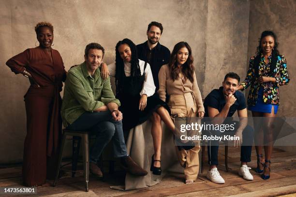 Crystal R. Fox, Chris O'Dowd, Djouliet Amara, David West Read, Ally Maki, Josh Segarra and Gabrielle Dennis of 'The Big Door Prize' pose for a...