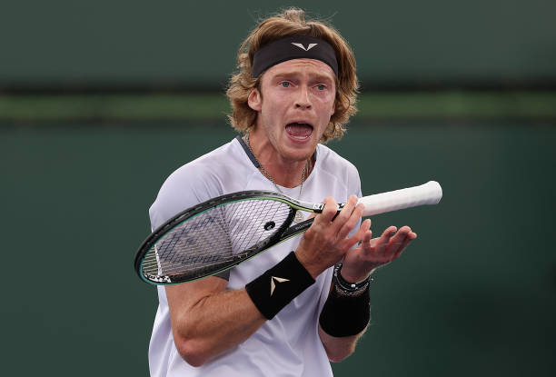 Andrey Rublev reacts in his match against Cameron Norrie of Great Britain during BNP Paribas Open on March 14, 2023 in Indian Wells, California.