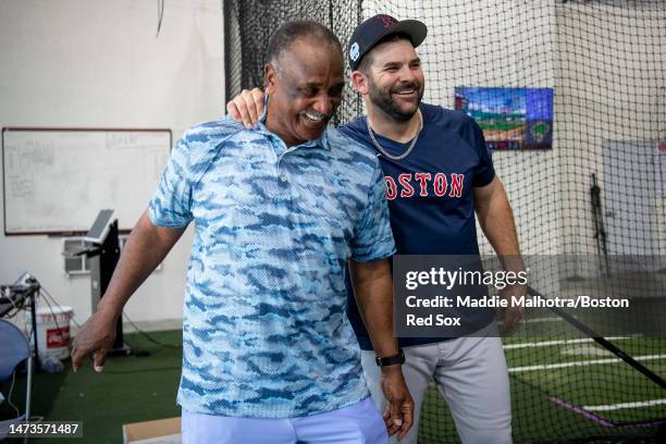 Jim Rice of the Boston Red Sox reacts with former Boston Red Sox first baseman Mitch Moreland during a Spring Training team workout on March 7, 2023...