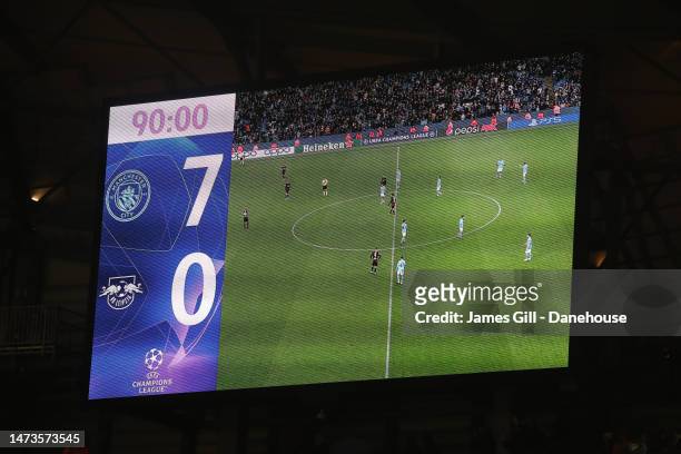 Scoreboard showing the result of the match is seen during the UEFA Champions League round of 16 leg two match between Manchester City and RB Leipzig...