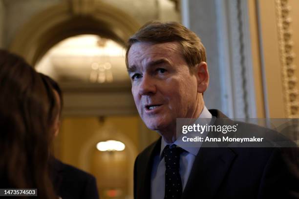 Sen. Michale Bennet speaks to reporters outside of the Senate Chambers during a vote in the U.S. Capitol Building on March 14, 2023 in Washington,...