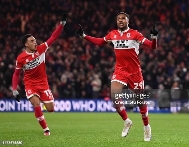 Middlesbrough striker Chuba Akpom celebrates after scoring the opening goal during the Sky Bet Championship between Middlesbrough and Stoke City at...