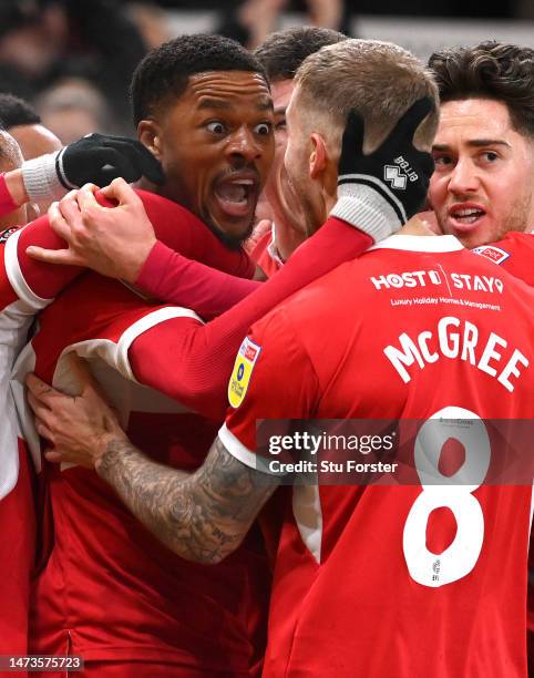 Middlesbrough striker Chuba Akpom celebrates after scoring the opening goal during the Sky Bet Championship between Middlesbrough and Stoke City at...