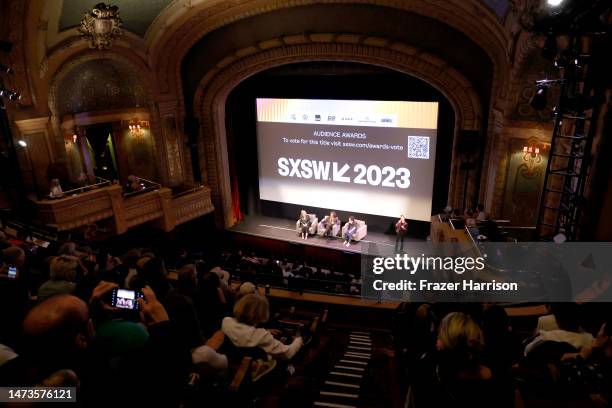 Claudette Godfrey, Vp Film and TV for SXSW, Davis Guggenheim and Michael J. Fox, on stage during the Q+A for STILL: A Michael J. Fox Movie at the...