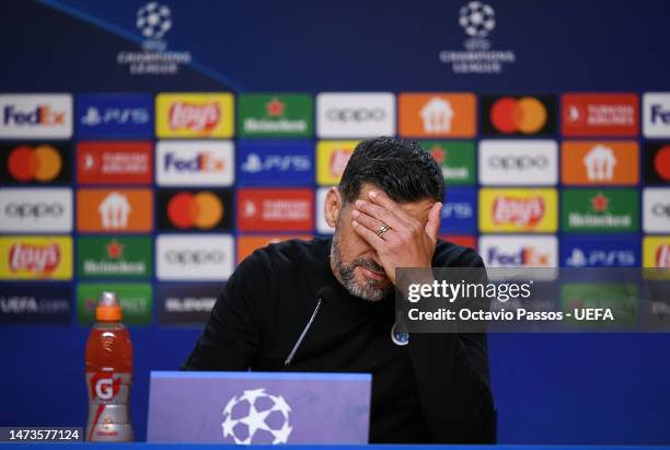 Sergio Conceicao, Head Coach of FC Porto, reacts during the FC Porto post match press conference after their side was knocked out of the UEFA...