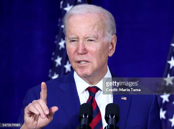 President Joe Biden delivers remarks on reducing gun violence at the Boys and Girls Club of West San Gabriel Valley on March 14, 2023 in Monterey...