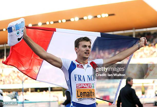 Christophe Lemaitre of France celebrates winning the Men's 100 Metres Final during day two of the 21st European Athletics Championships at the...