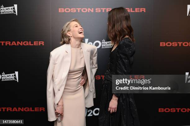 Carrie Coon and Keira Knightley attend the 20th Century Studios' "Boston Strangler" New York Screening at Museum of Modern Art on March 14, 2023 in...