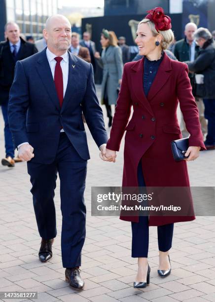 Mike Tindall and Zara Tindall attend day 1 'Champion Day' of the Cheltenham Festival at Cheltenham Racecourse on March 14, 2023 in Cheltenham,...