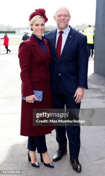 Zara Tindall and Mike Tindall attend day 1 'Champion Day' of the Cheltenham Festival at Cheltenham Racecourse on March 14, 2023 in Cheltenham,...