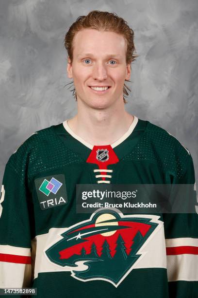 John Klingberg of the Minnesota Wild head shot taken prior to the game against the Calgary Flames at the Xcel Energy Center on March 7, 2023 in Saint...