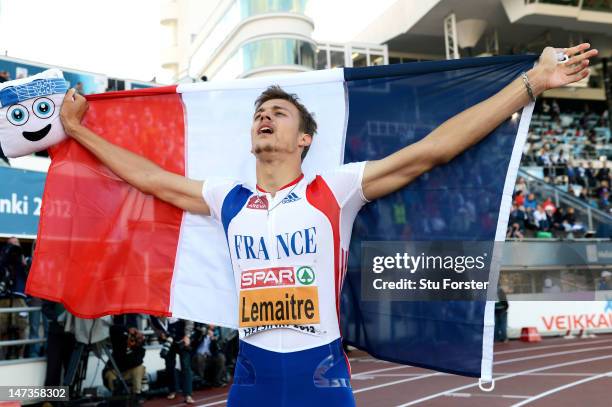 Christophe Lemaitre of France celebrates winning the Men's 100 Metres Final during day two of the 21st European Athletics Championships at the...