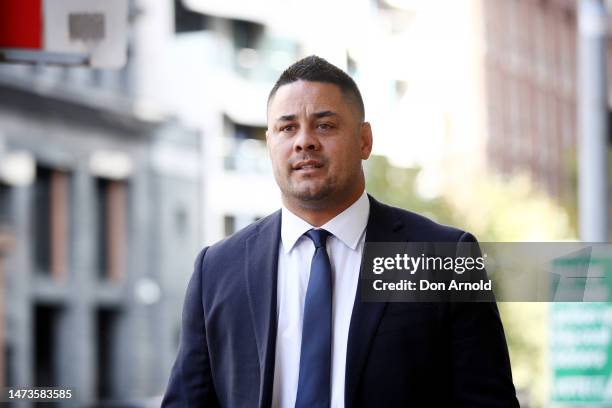 Jarryd Hayne enters NSW District Court on March 15, 2023 in Sydney, Australia. The former NRL player is accused of assaulting a 26-year-old woman in...