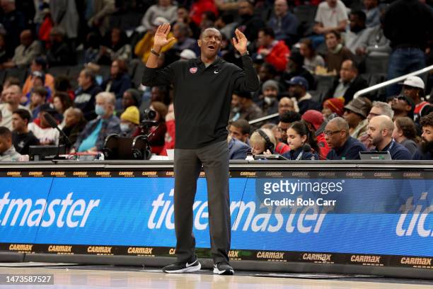Head coach Dwane Casey of the Detroit Pistons reacts to a call in the first half against the Washington Wizards at Capital One Arena on March 14,...