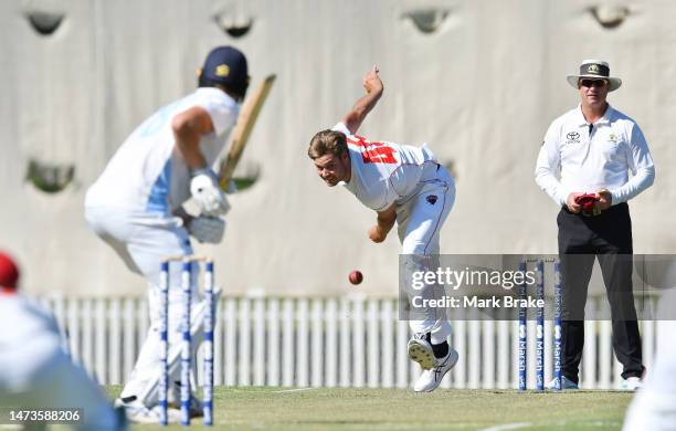 Spencer Johnson of the Redbacks bowls to Jack Edwards of the Blues during the Sheffield Shield match between South Australia and New South Wales at...